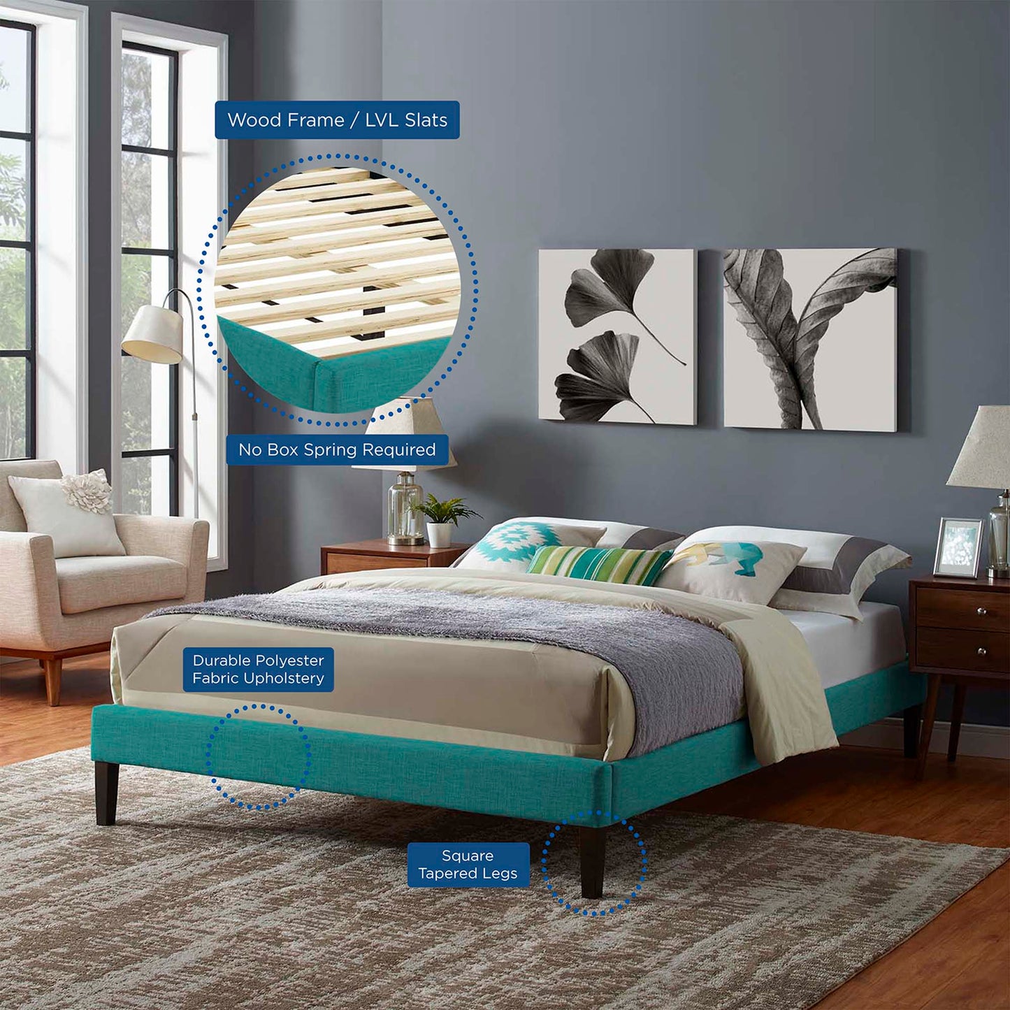 Teal fabric platform bed with dark square tapered legs and wood slat frame; no box spring.