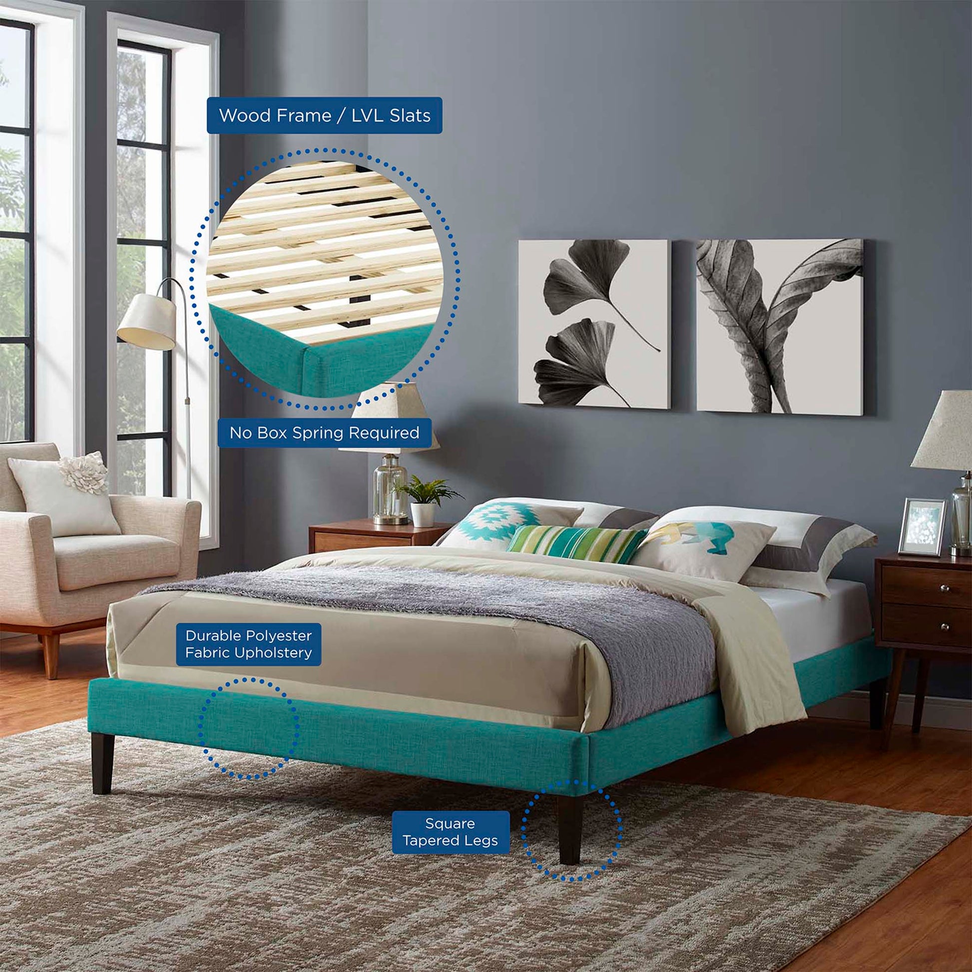 Teal fabric platform bed with dark square tapered legs and wood slat frame; no box spring.
