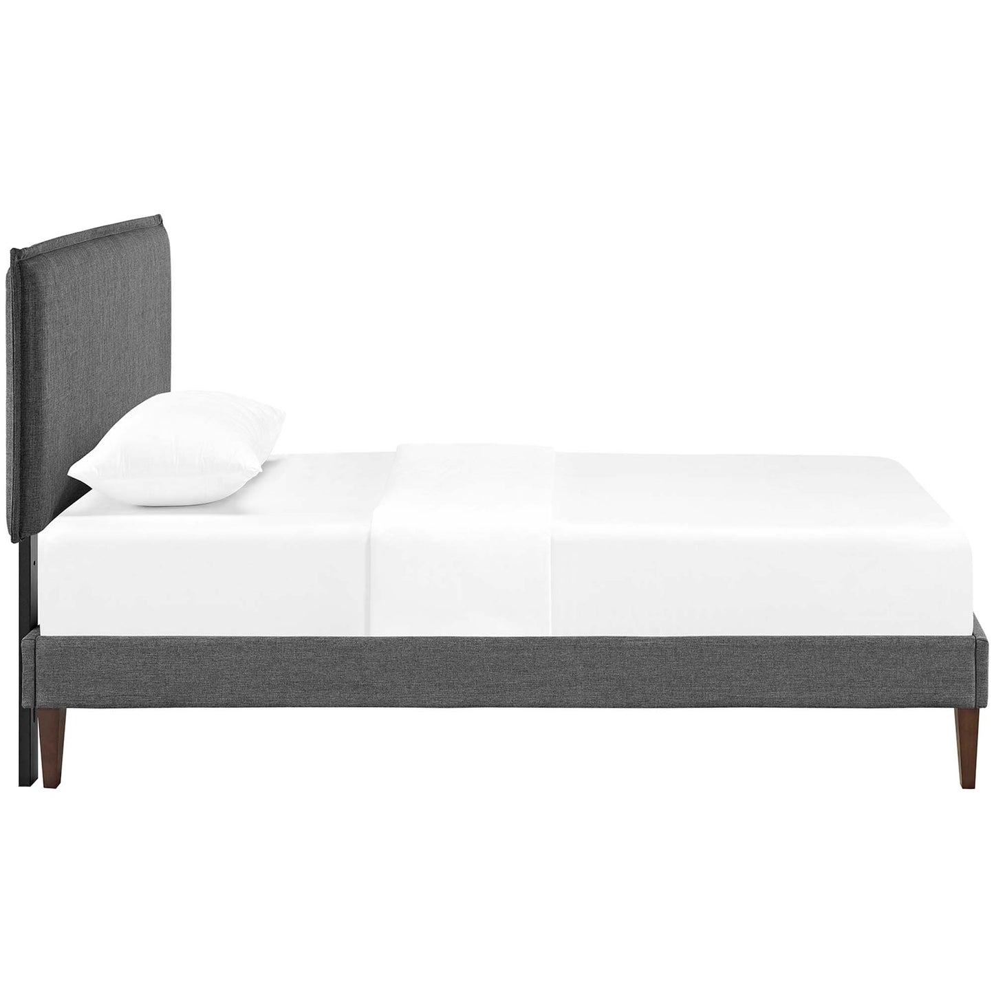 Grey upholstered twin platform bed with a tall headboard, white bedding and pillow, squared tapered legs.