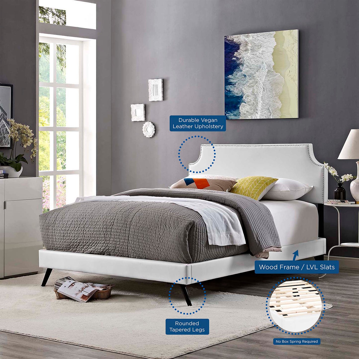 Modway Outlet Corene Vinyl Queen Platform Bed with Round Splayed Legs by Modway  Bedroom Furniture White - MOD-5946-WHI