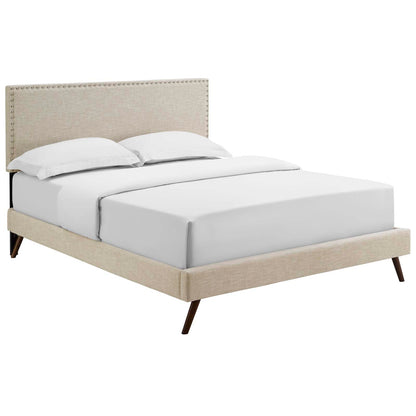 Beige fabric queen platform bed with round splayed legs and white bedding.