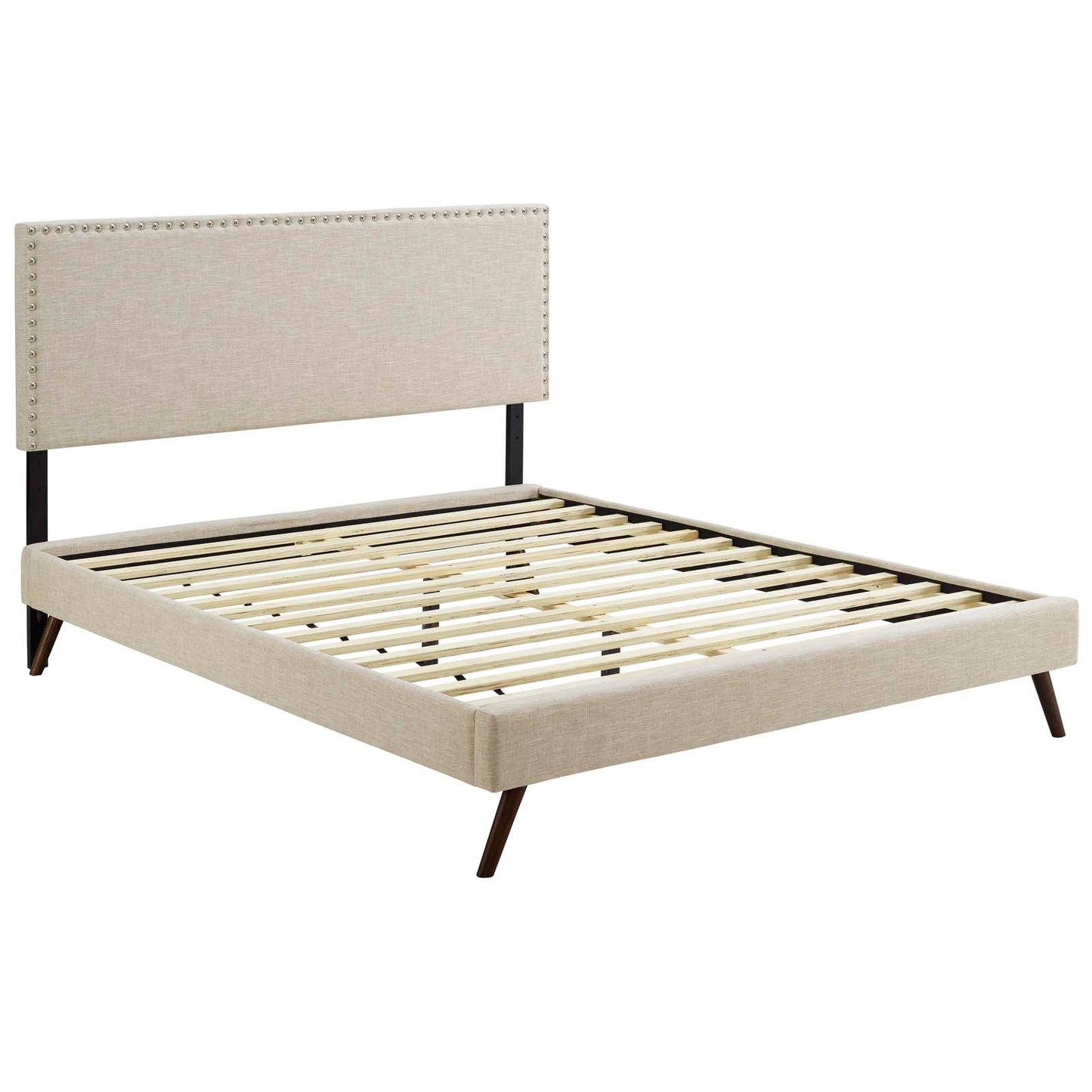 Beige fabric upholstered platform bed with nailhead-trim headboard, slatted base and round splayed legs.