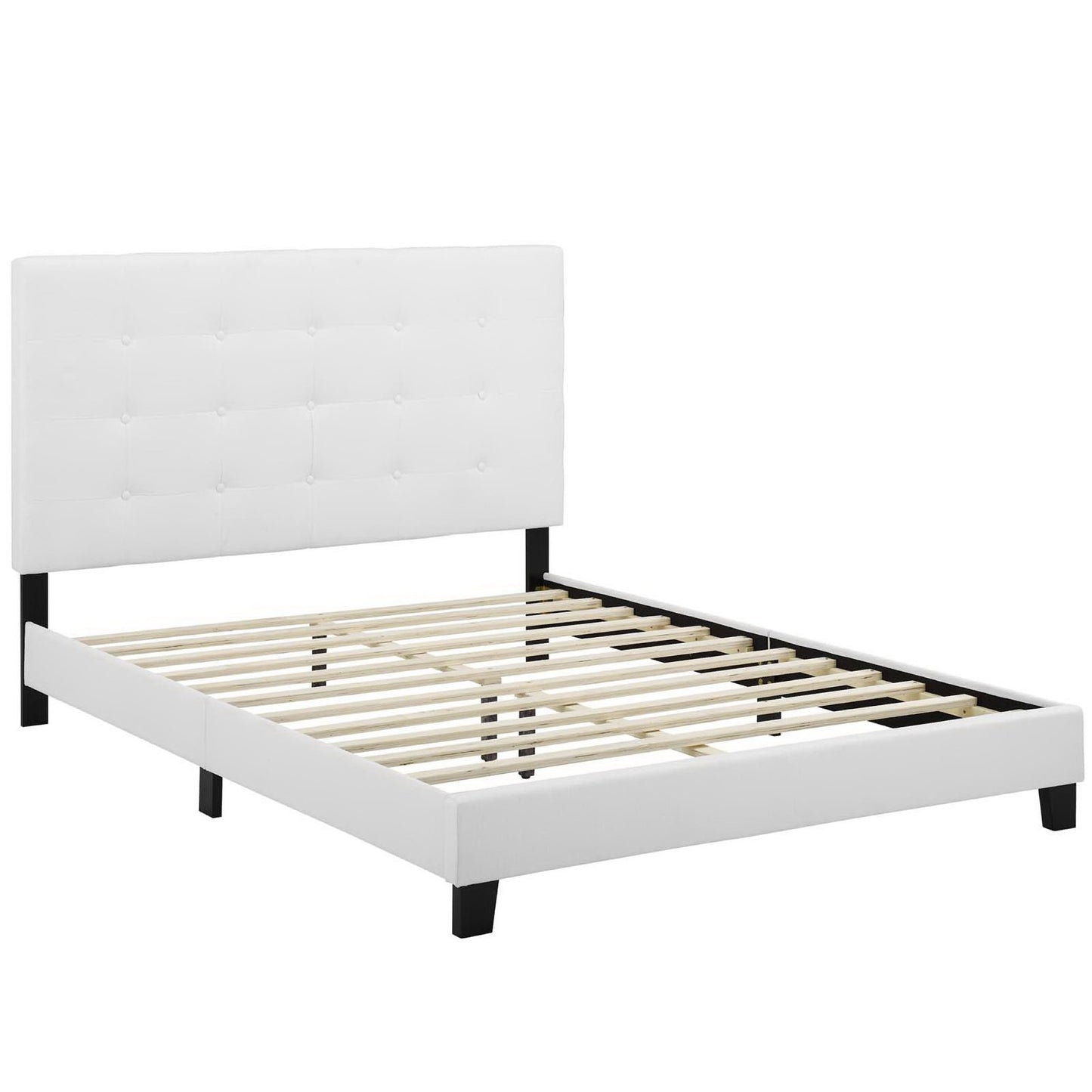 White upholstered platform bed with tufted headboard, black legs, and wooden slat support.