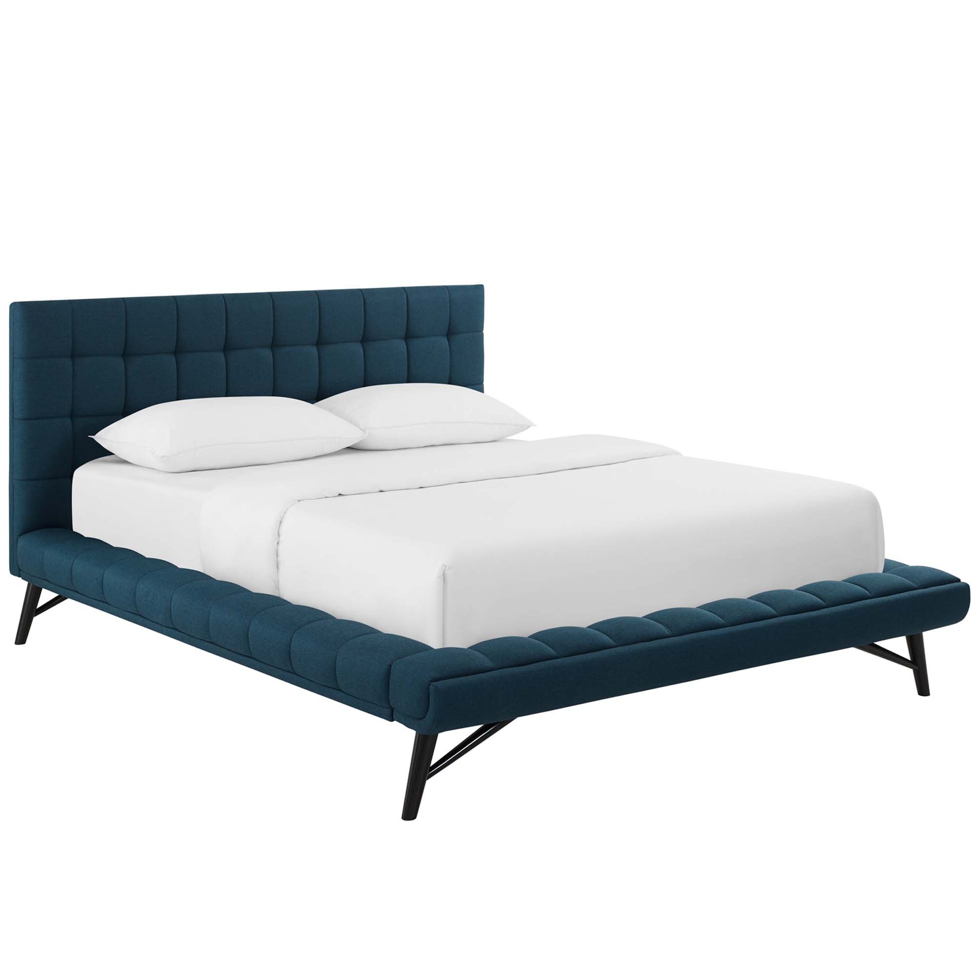 Teal blue upholstered platform bed with tufted grid headboard and low frame, black angled legs, white bedding.