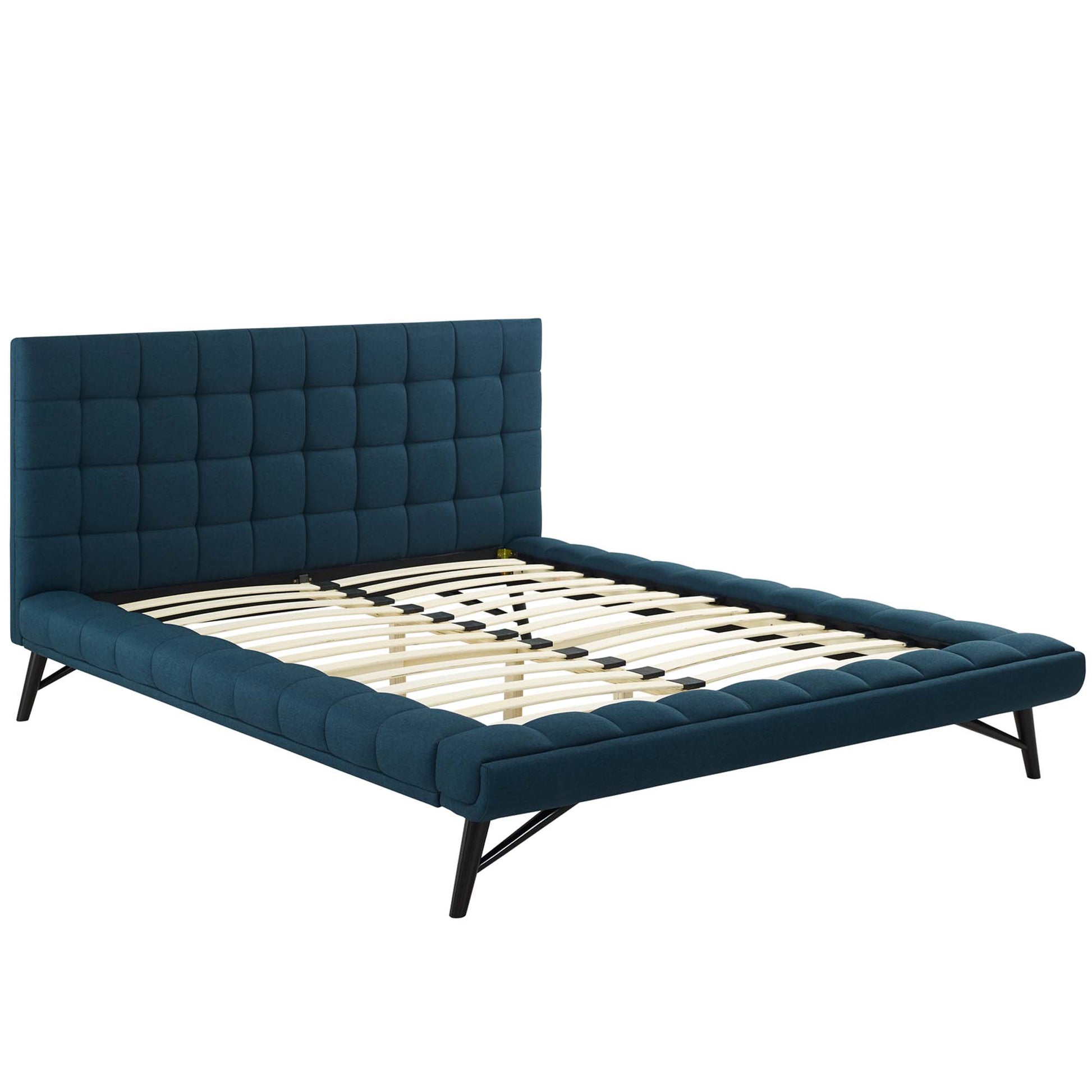 Blue biscuit-tufted upholstered headboard platform bed with slatted base and angled black metal legs.