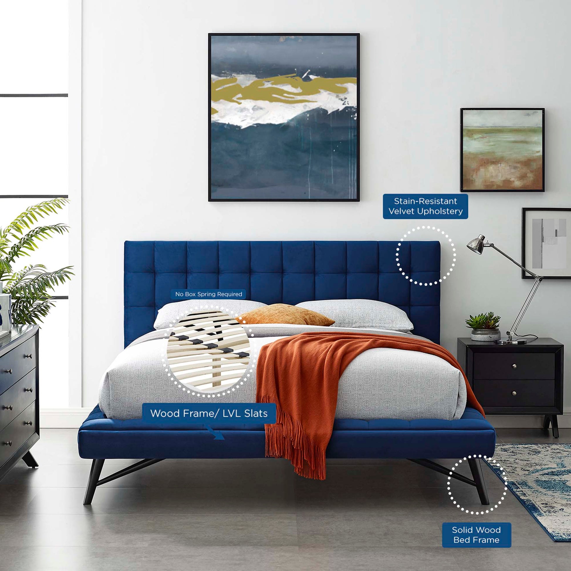 Navy blue velvet upholstered platform bed with a tufted headboard, solid wood frame and LVL slats; no box spring required.