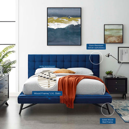 Navy blue velvet upholstered platform bed with a tufted headboard, solid wood frame and LVL slats; no box spring required.