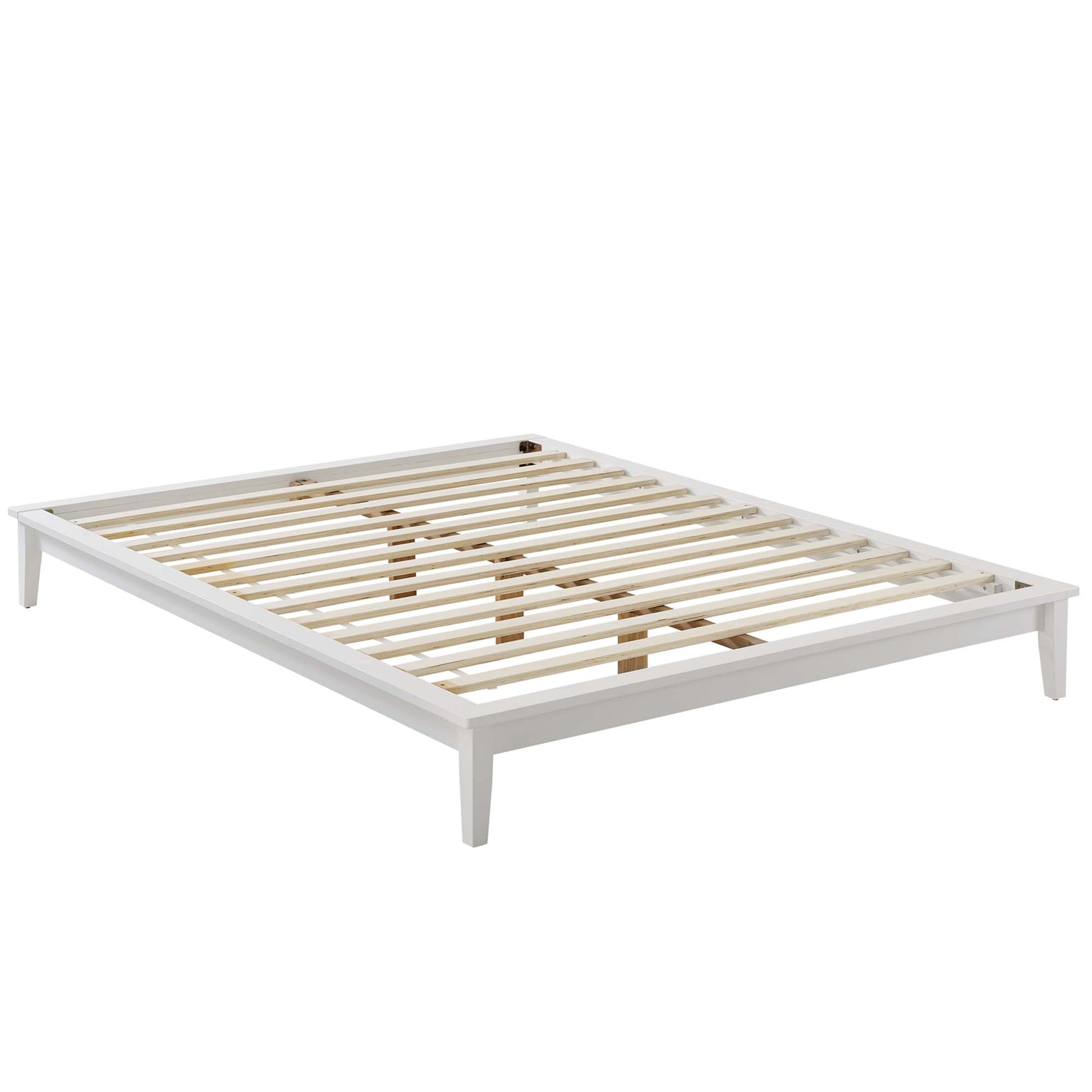 White wooden platform bed frame with evenly spaced slats, rectangular low-profile design and four tapered legs.