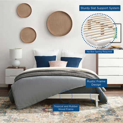 Low-profile white platform bed with rustic rubber wood frame and slat support; gray bedding with navy pillows.