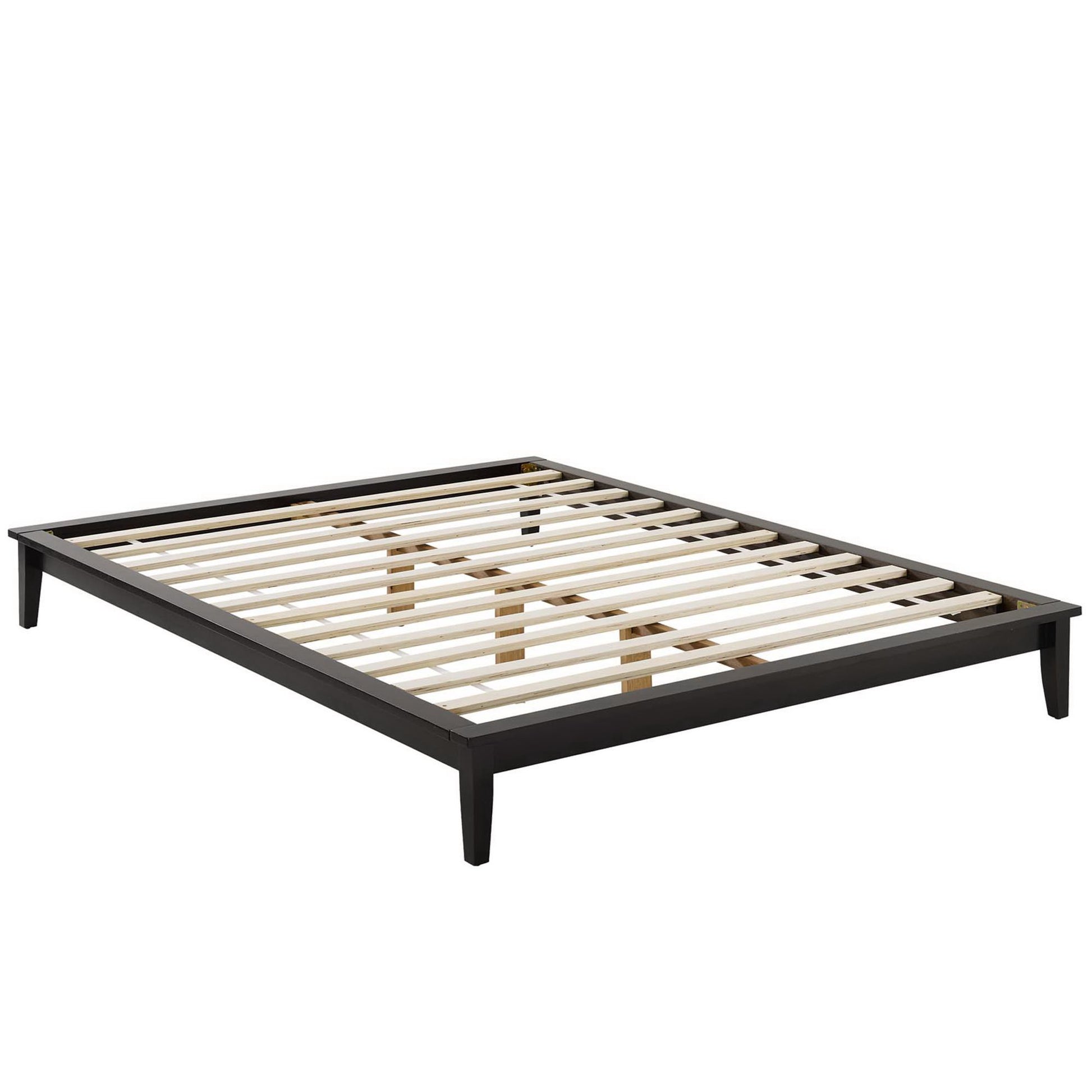 Cappuccino wood queen platform bed frame with a low-profile design, natural wood slats and tapered legs.