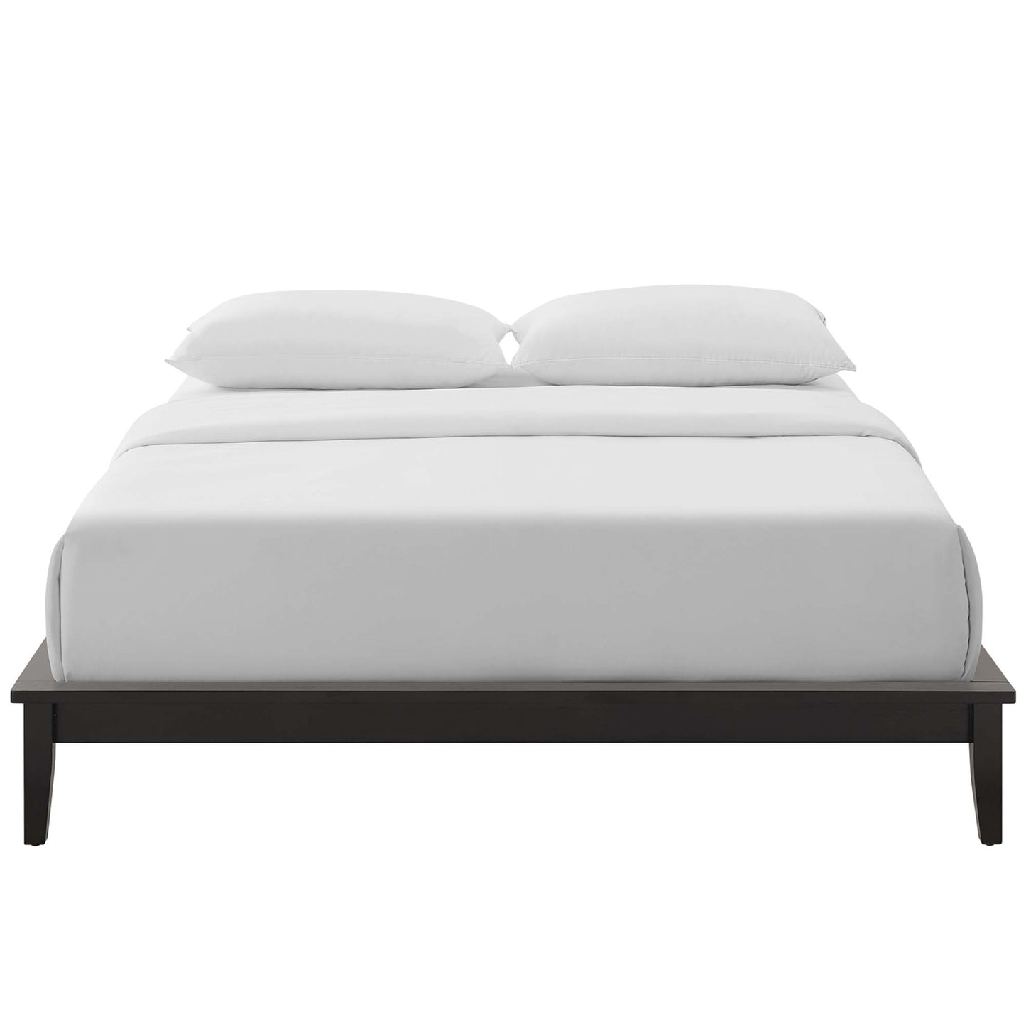 Dark wood platform bed with white bedding and two white pillows, clean minimal modern design.