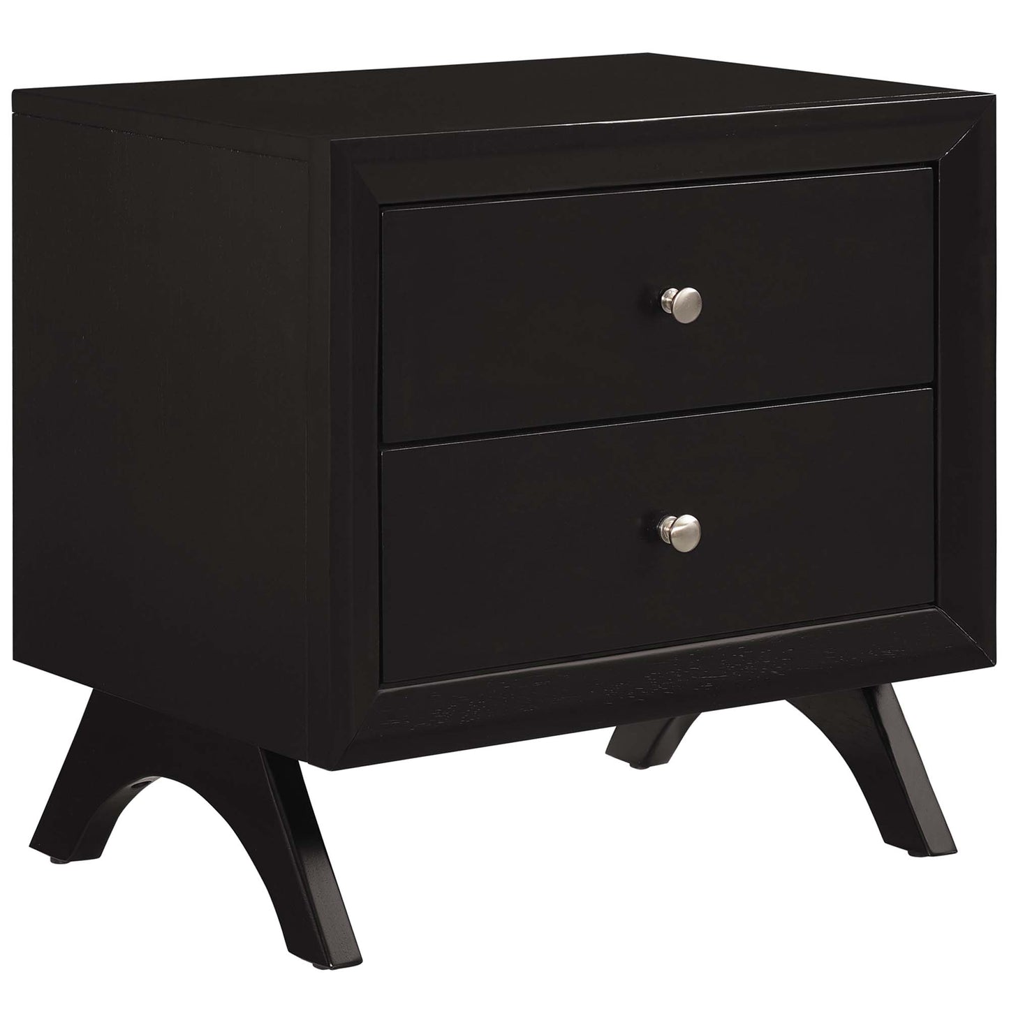 Cappuccino two-drawer nightstand with curved splayed legs in a modern Mission-inspired style.