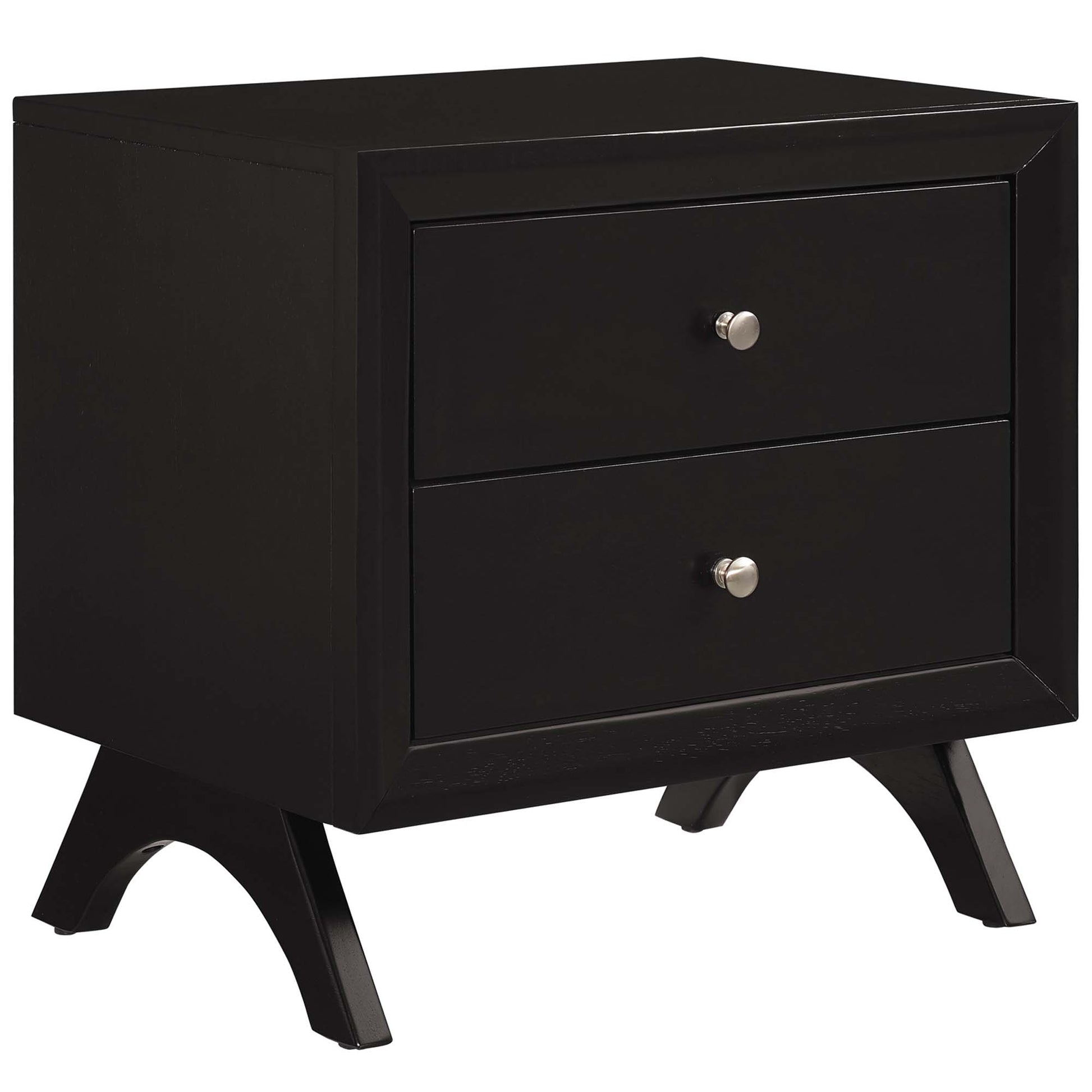 Cappuccino two-drawer nightstand with curved splayed legs in a modern Mission-inspired style.