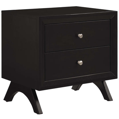 Cappuccino two-drawer nightstand with curved splayed legs in a modern Mission-inspired style.