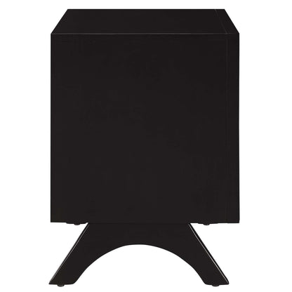Cappuccino-colored nightstand or end table with a curved metal arch base.