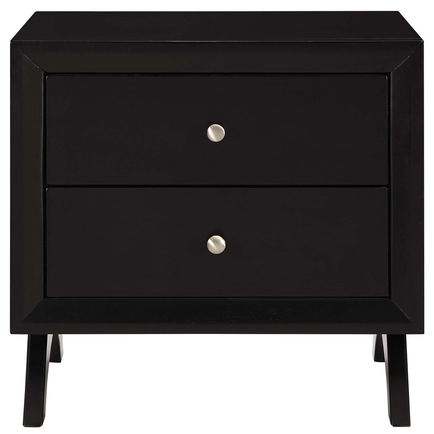 Cappuccino-finish wooden two-drawer nightstand with silver metal knobs, framed edges and angled legs for modern bedroom storage.