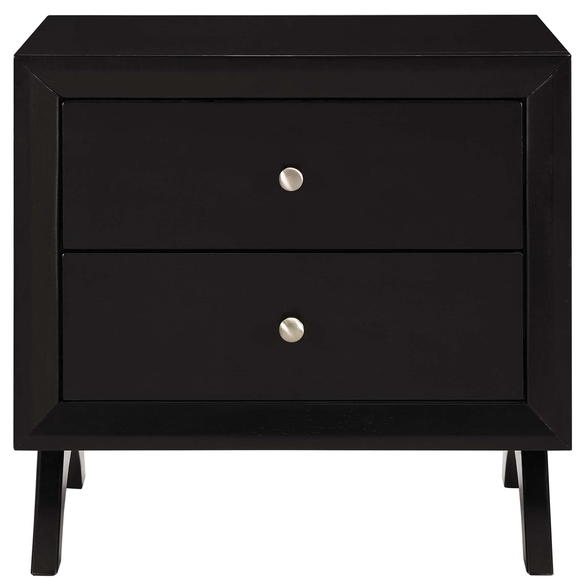 Cappuccino-finish wooden two-drawer nightstand with silver metal knobs, framed edges and angled legs for modern bedroom storage.