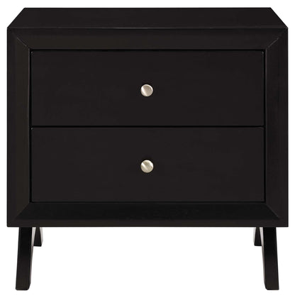 Cappuccino-finish wooden two-drawer nightstand with silver metal knobs, framed edges and angled legs for modern bedroom storage.