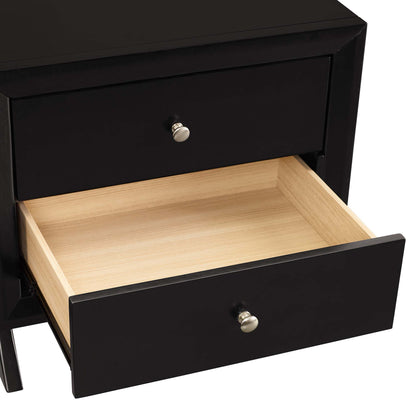 Cappuccino nightstand with two drawers; bottom drawer open, showing light wood interior and silver knobs.