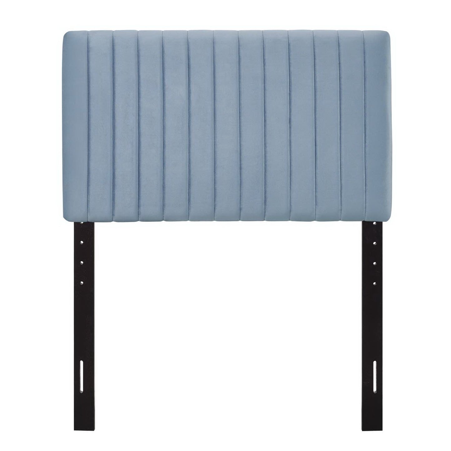 Light blue padded headboard with vertical channel stitching, mounted on black metal adjustable legs.