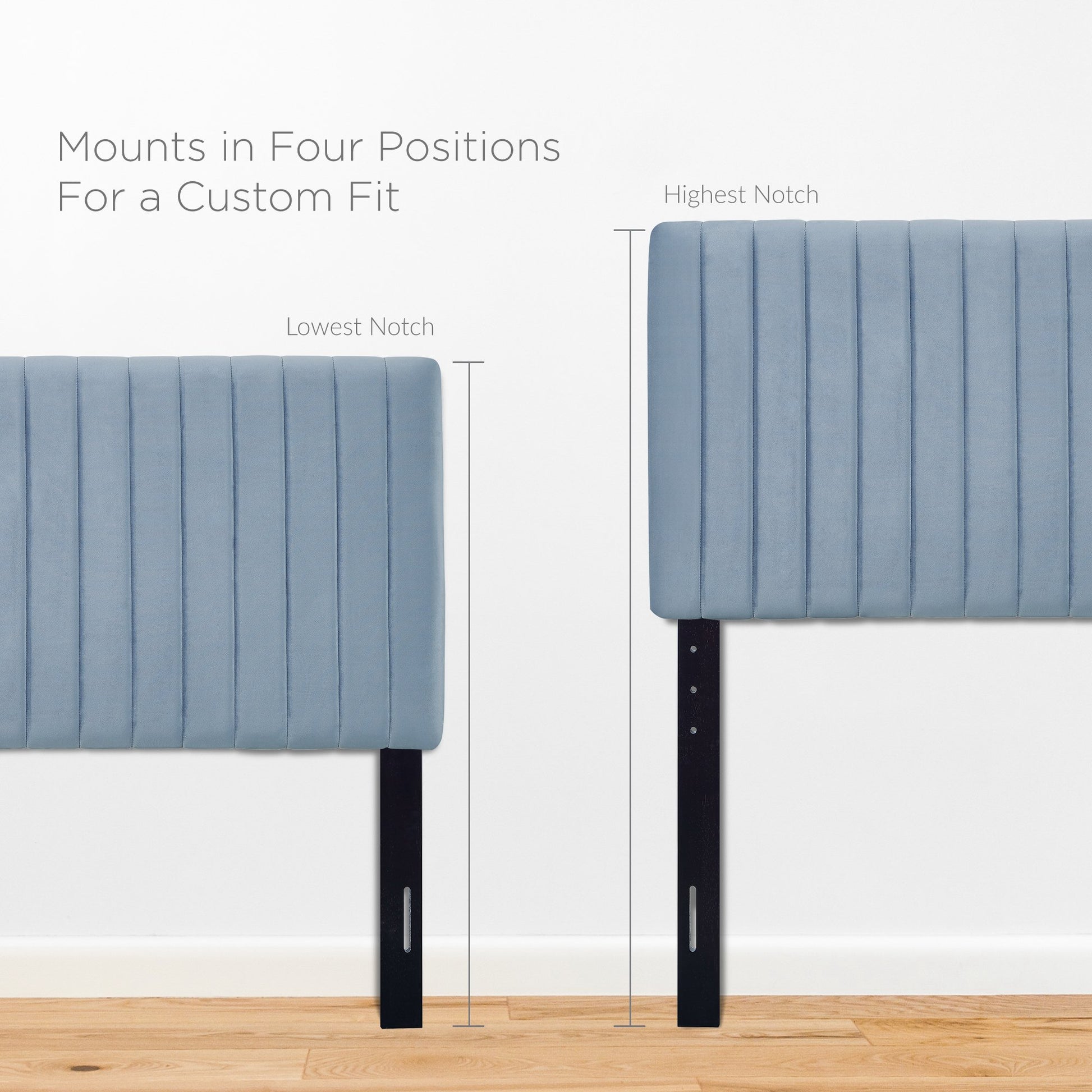 Blue upholstered headboard with vertical channel quilting on black metal legs; four-position adjustable mounts for a custom fit.