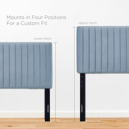 Blue upholstered headboard with vertical channel quilting on black metal legs; four-position adjustable mounts for a custom fit.