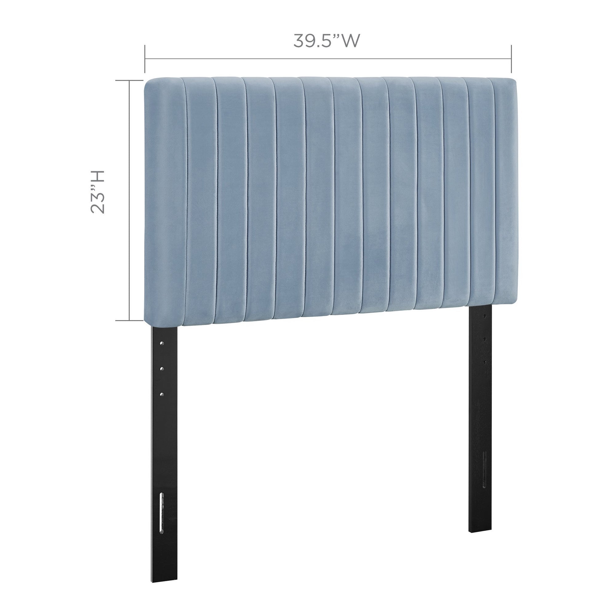 Blue velvet upholstered twin headboard with vertical channel tufting & black metal legs, 39.5W x 23H