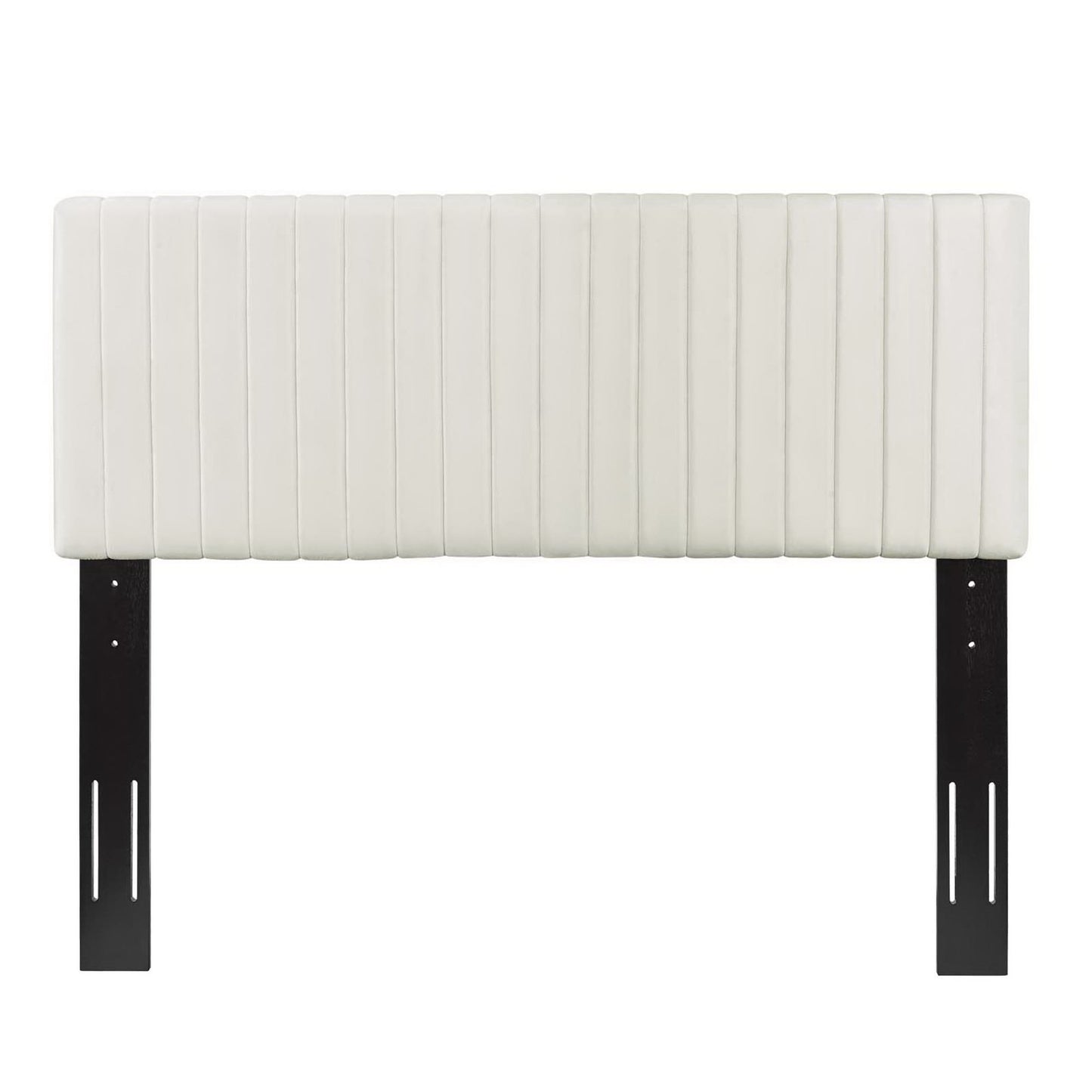 White ribbed upholstered rectangular headboard with black metal brackets for a modern bed.