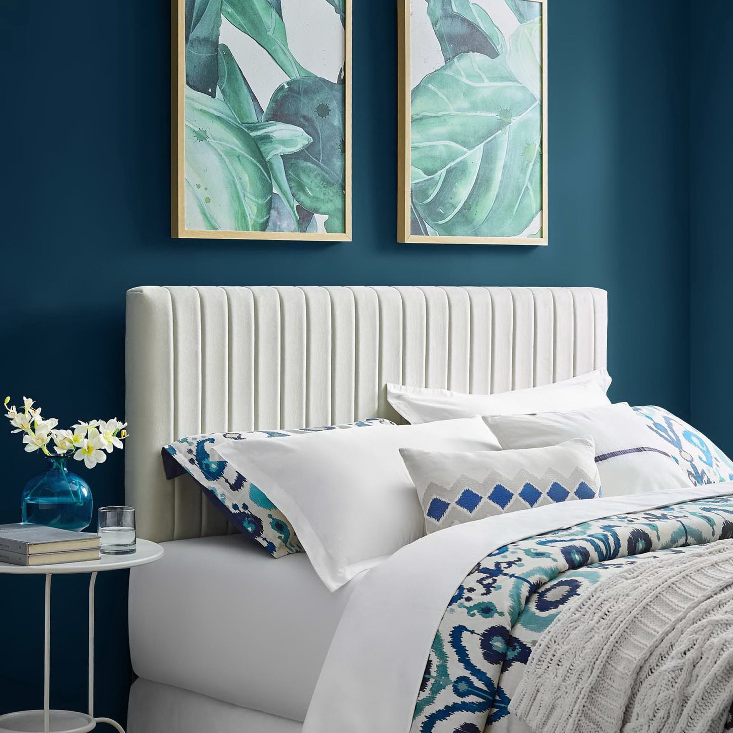 White performance velvet headboard for king or California king bed.