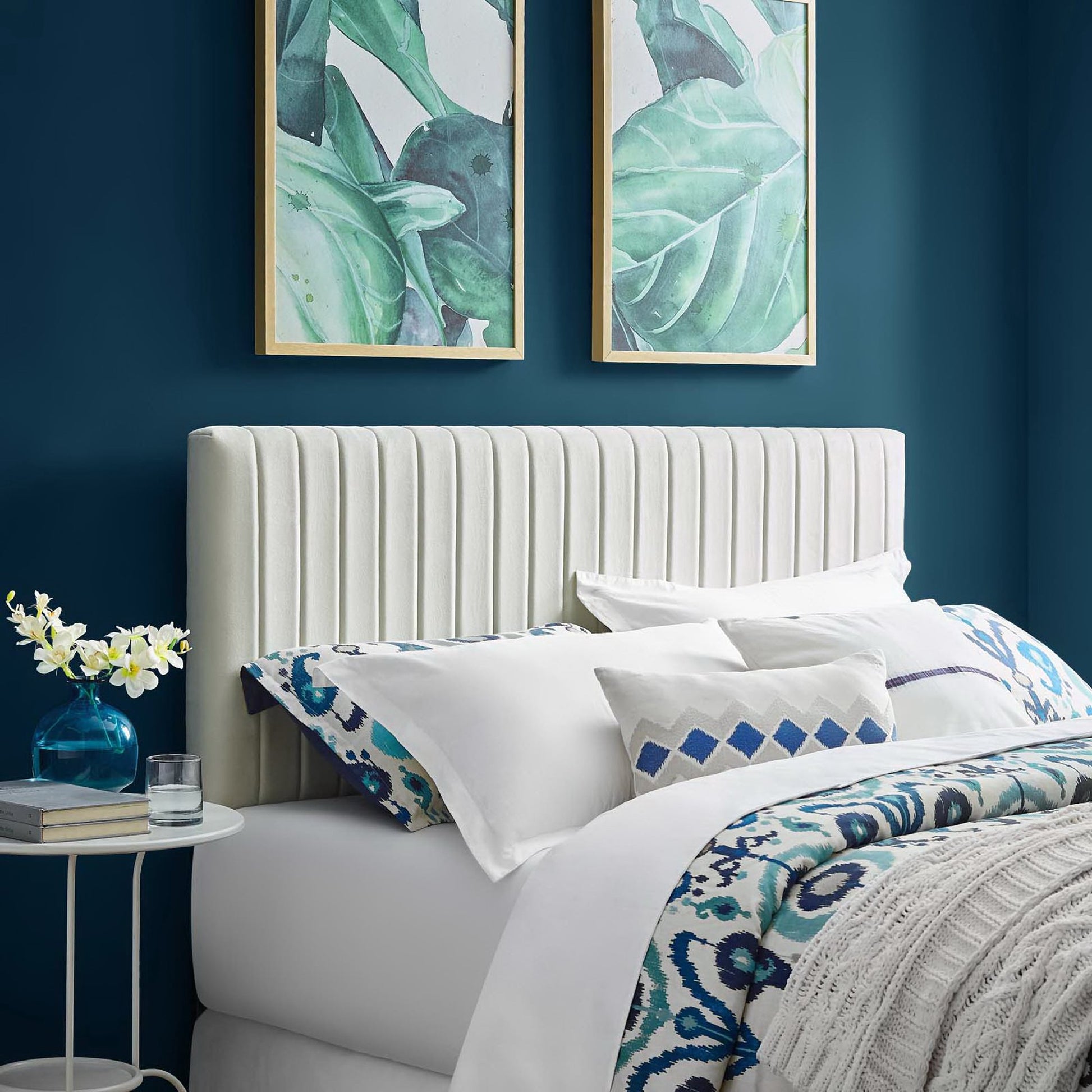 White performance velvet headboard for king or California king bed.