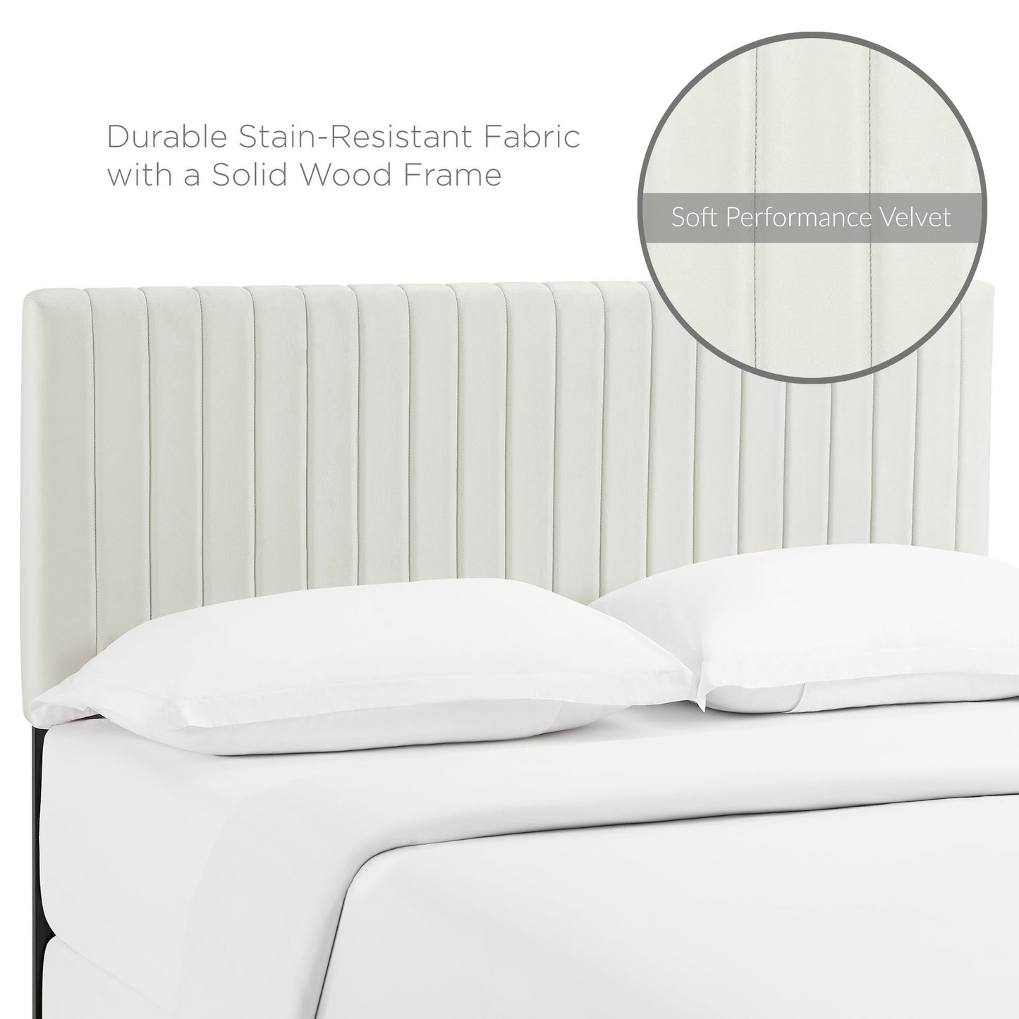 Ivory soft performance velvet upholstered vertical channel headboard.