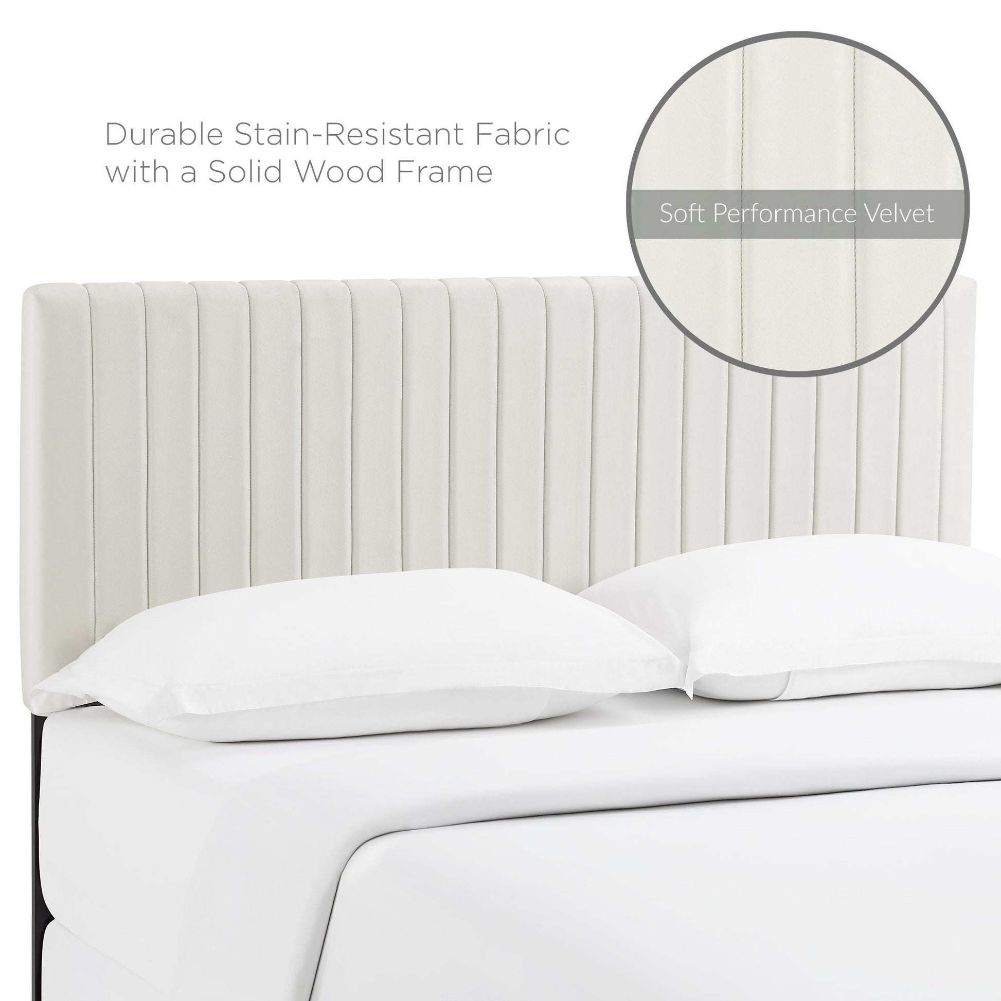 Ivory soft performance velvet upholstered vertical channel headboard.