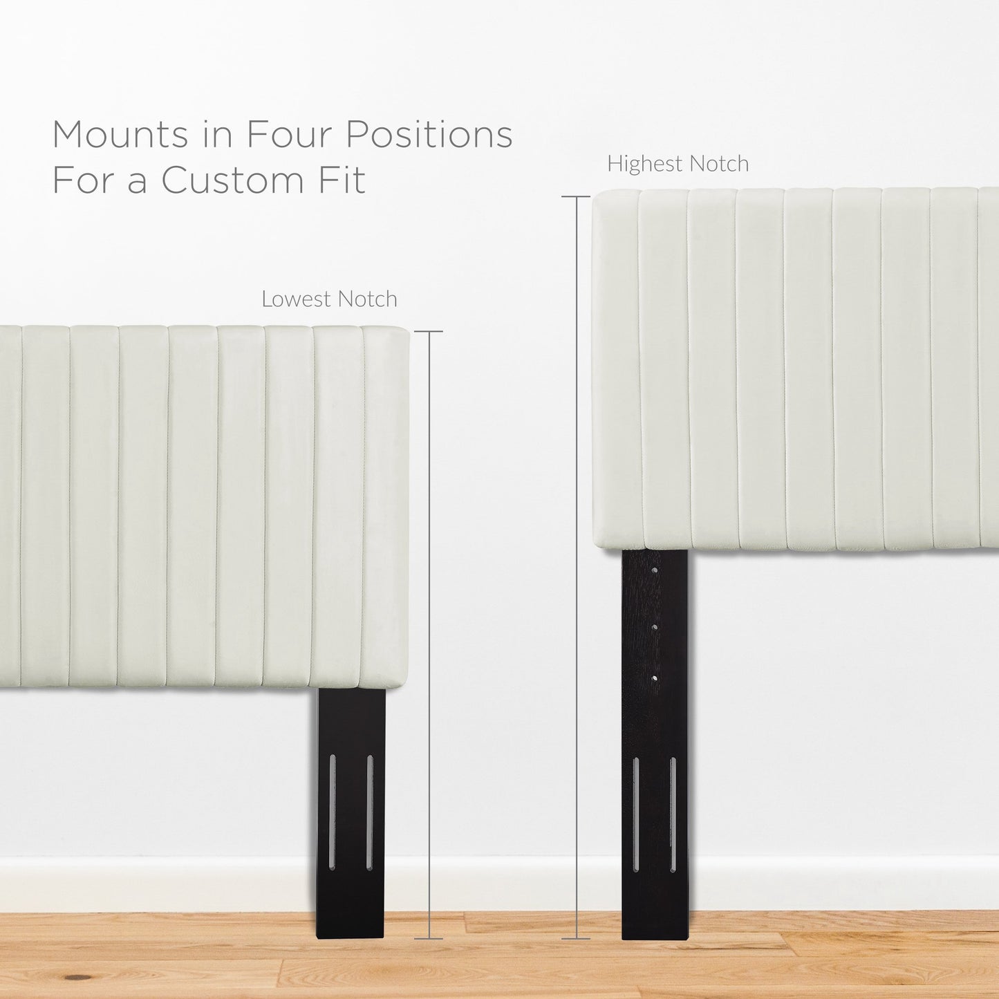 White upholstered headboard panels on black metal brackets with a four-position adjustable mount