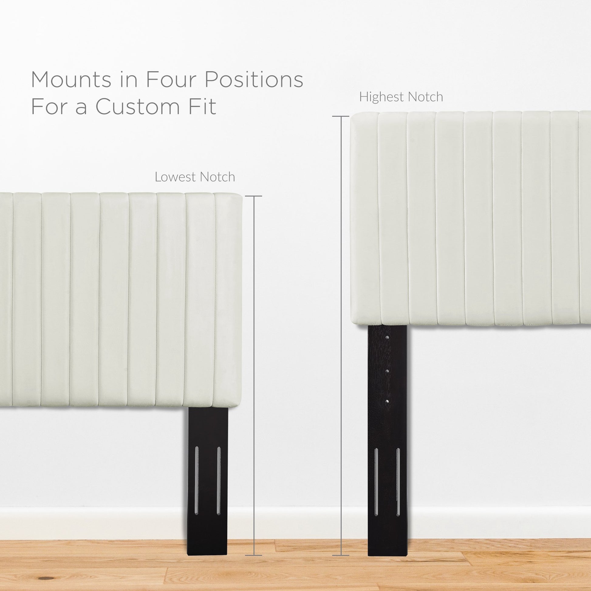 White upholstered headboard panels on black metal brackets with a four-position adjustable mount