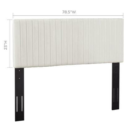 White upholstered headboard with vertical channel tufting, white padding, black metal legs, 78.5W x 23.5H.