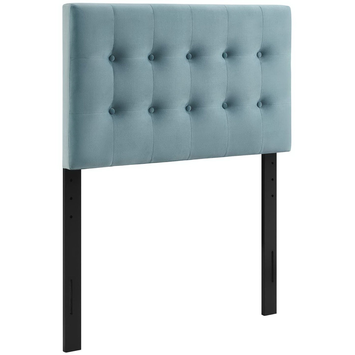 Light blue velvet tufted headboard panel with button detailing on two black metal legs, modern bed accessory.
