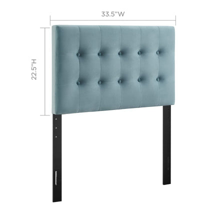 Blue tufted upholstered headboard with black metal legs for bed frame, 33.5"W x 22.5"H.