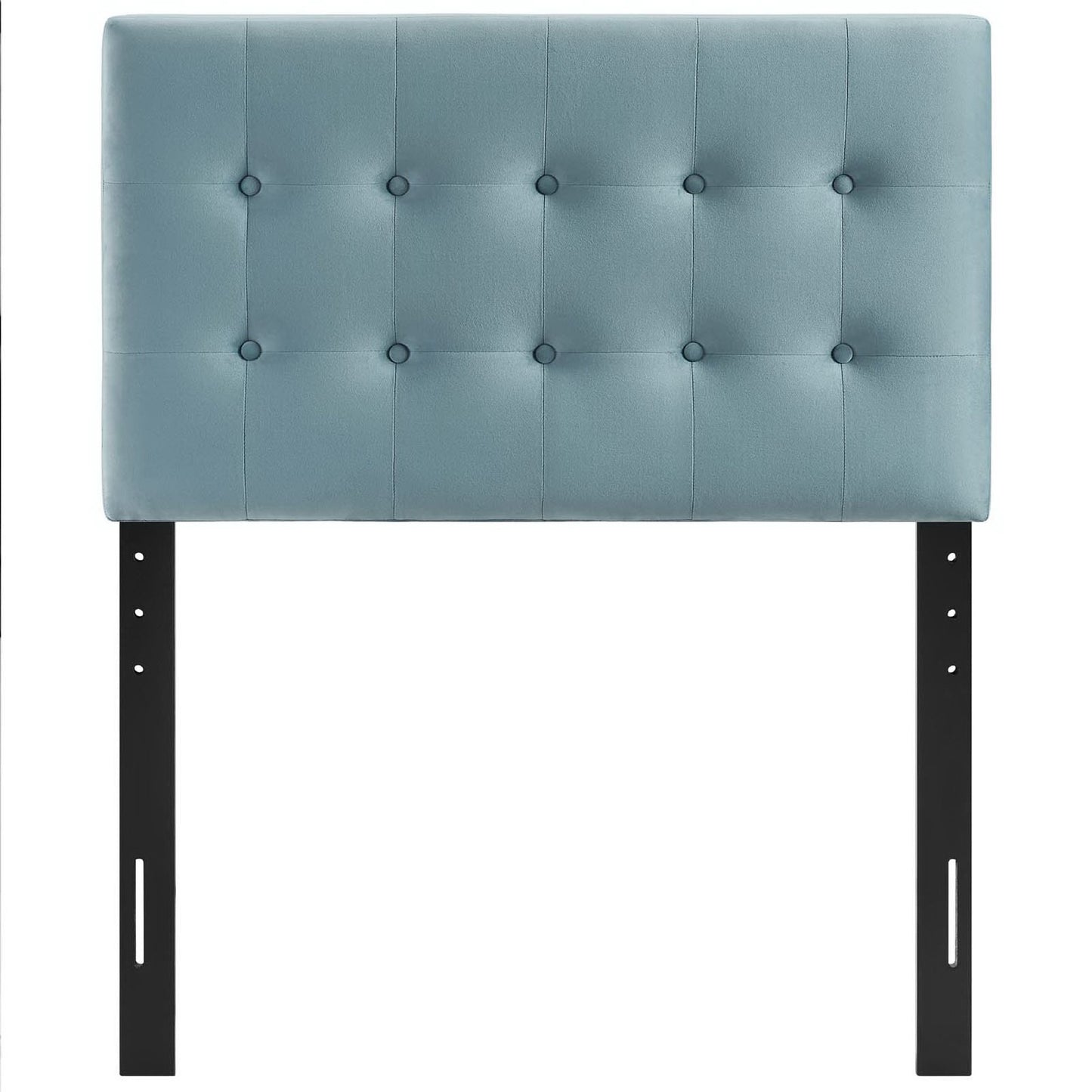 Light blue tufted upholstered headboard with button accents, supported by black metal legs.