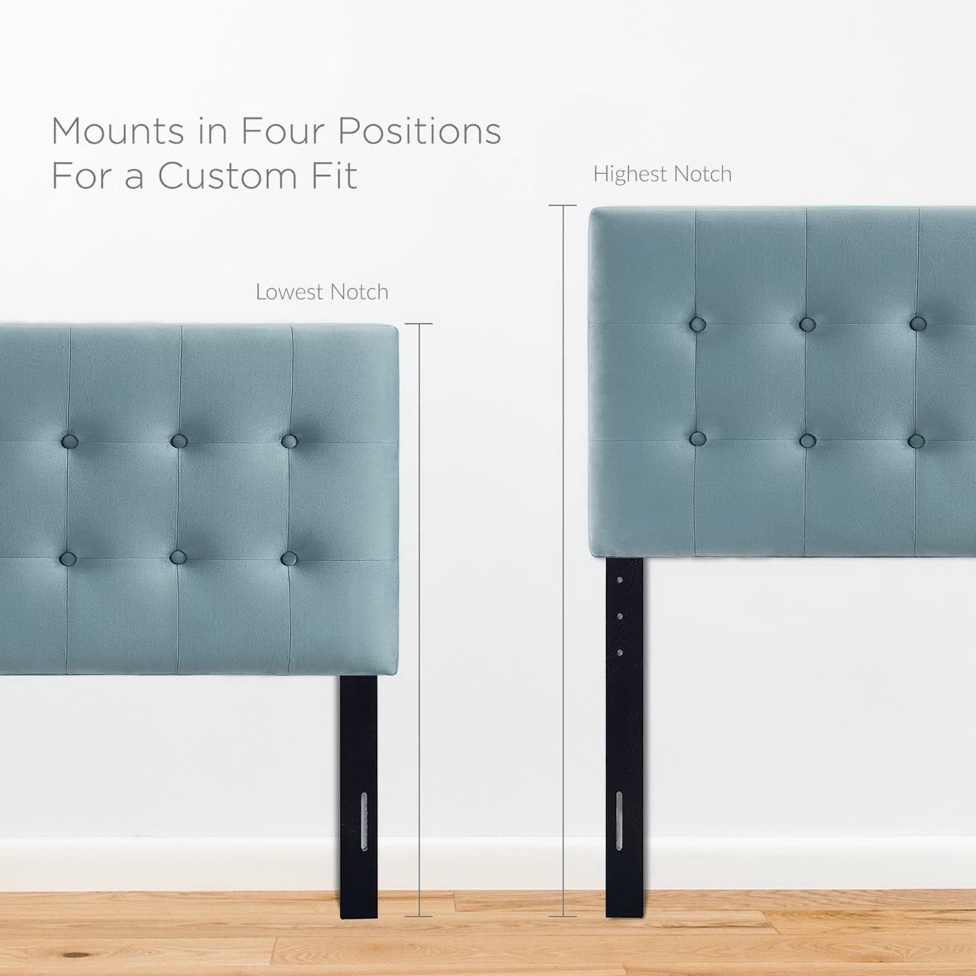 Blue tufted upholstered twin headboard with black metal legs and adjustable height posts for a custom fit.