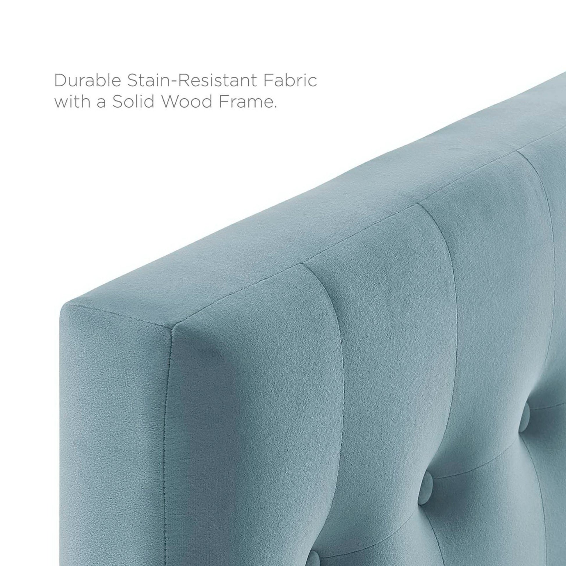 Light blue biscuit-tufted performance velvet twin headboard with button tufting; fabric over a solid wood frame.