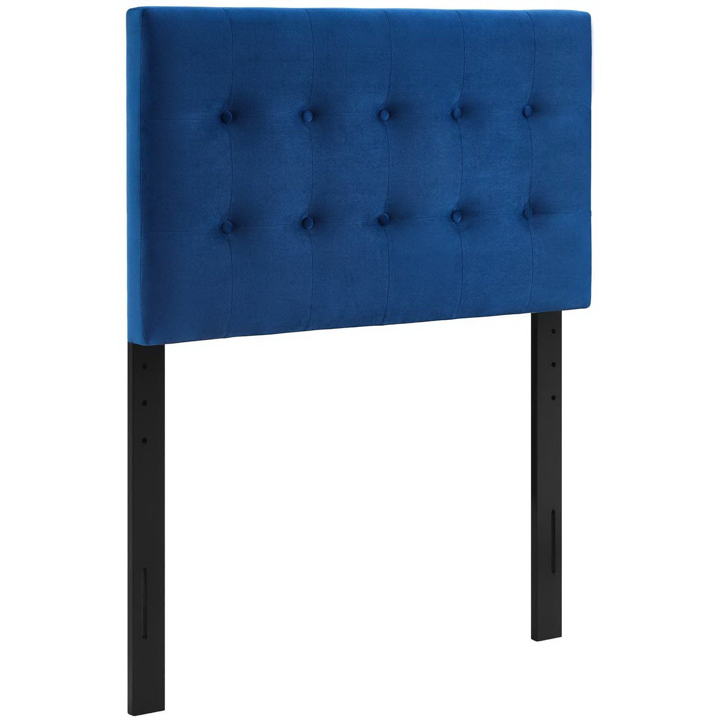 Navy blue tufted upholstered headboard with black metal legs, modern bed accessory.