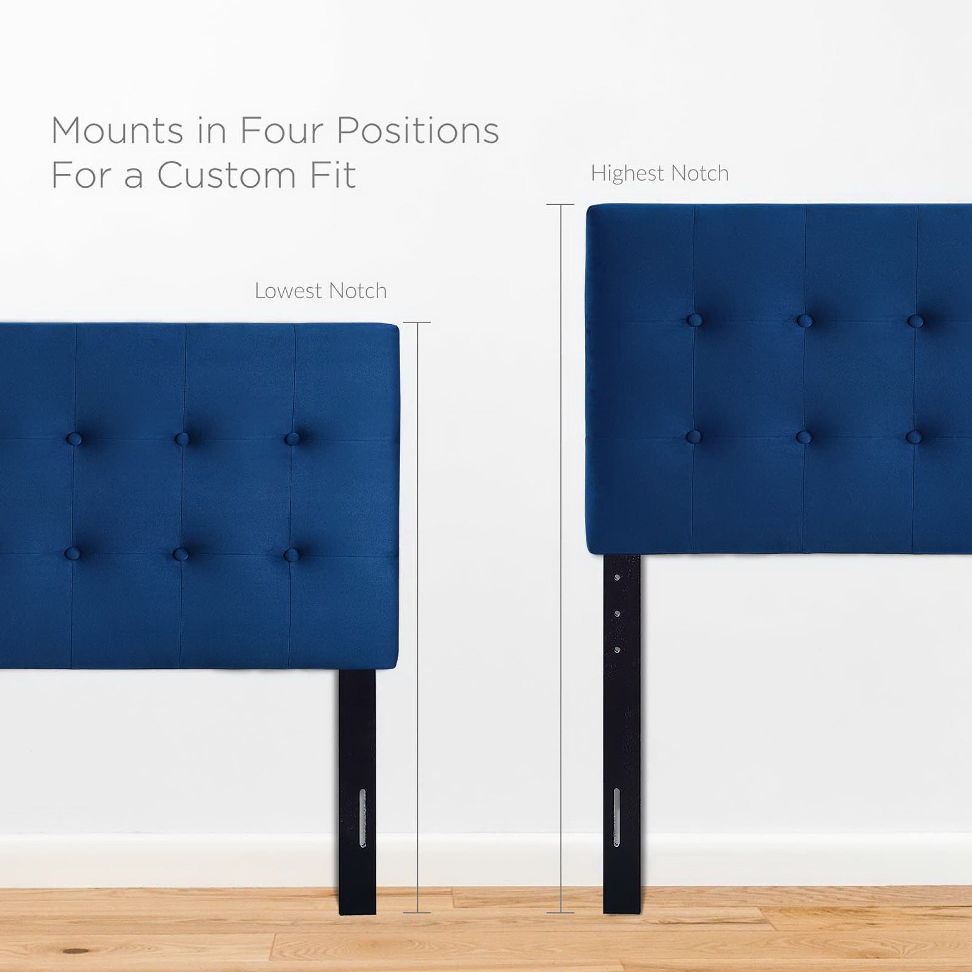 Navy tufted headboard with black adjustable legs; four-height notch options from lowest to highest.