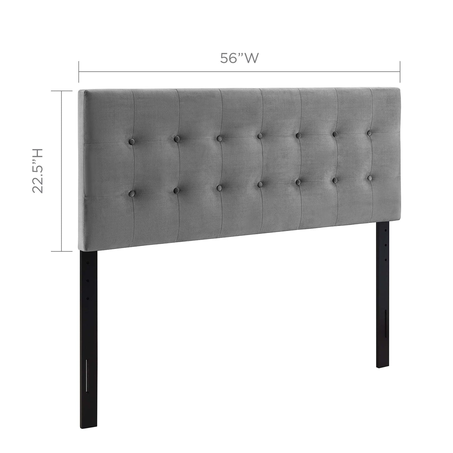 Grey biscuit-tufted velvet full headboard with button details; panel-style, 56W x 22.5H.