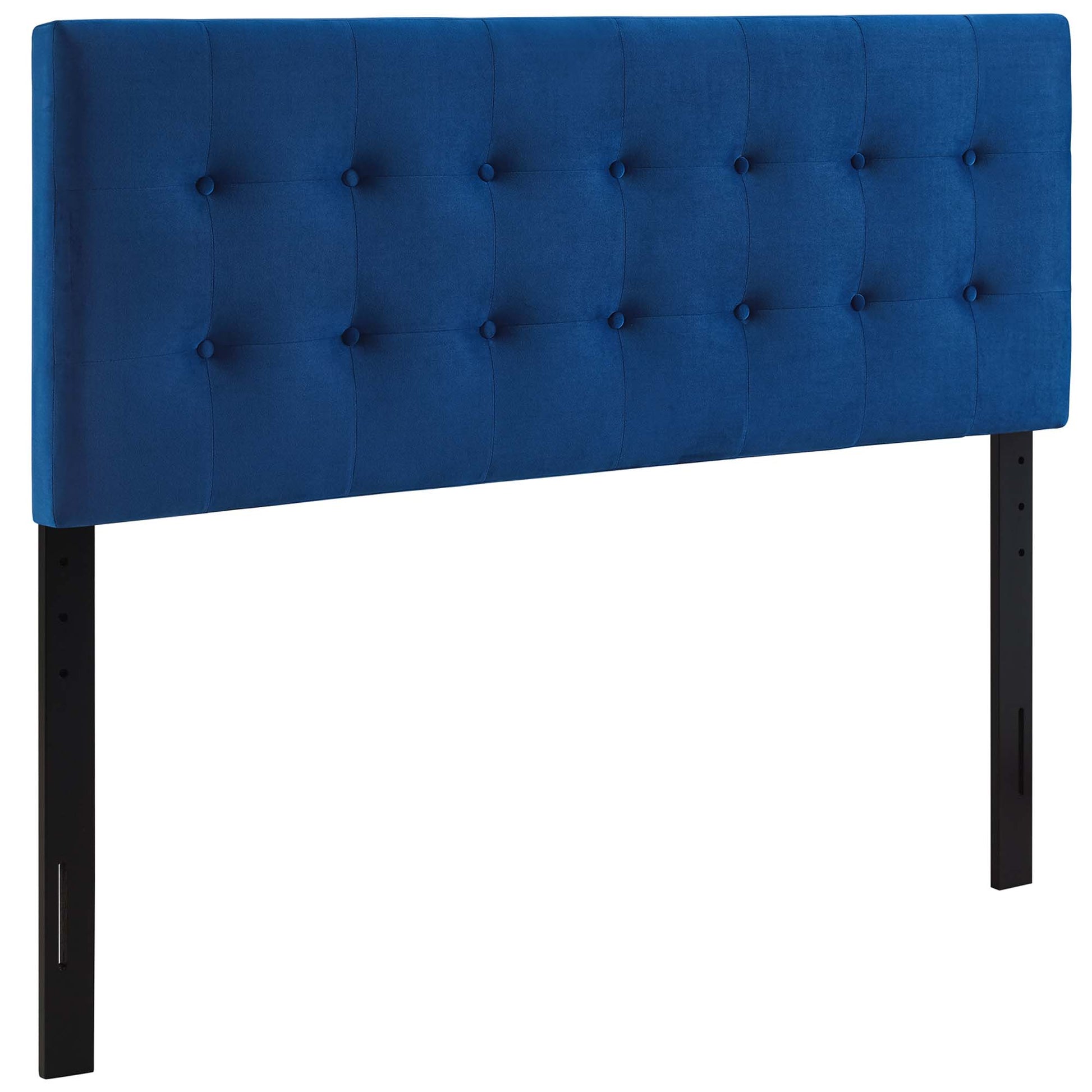Blue tufted upholstered headboard with button grid, supported by black metal legs for a modern bed frame.