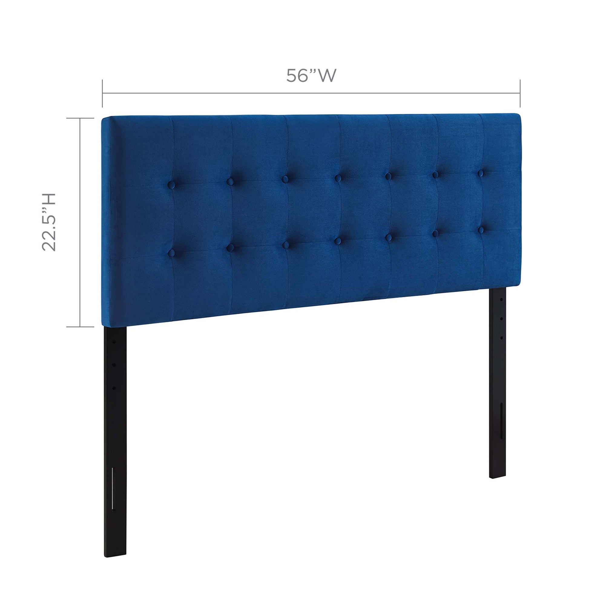 Navy blue tufted headboard panel with black legs, rectangular modern velvet finish; 56W x 22.5H for bed frame.