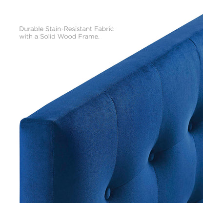 Blue biscuit-tufted full headboard in performance velvet fabric.