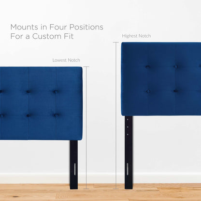 Blue tufted upholstered full headboard with black adjustable legs, four notch positions for a custom fit.