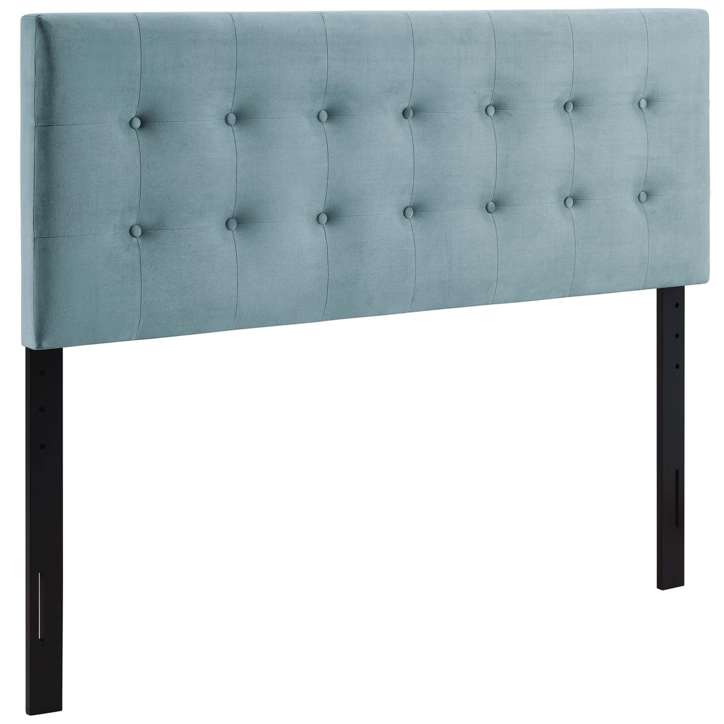 Light blue tufted upholstered headboard with button grid, mounted on black metal legs.