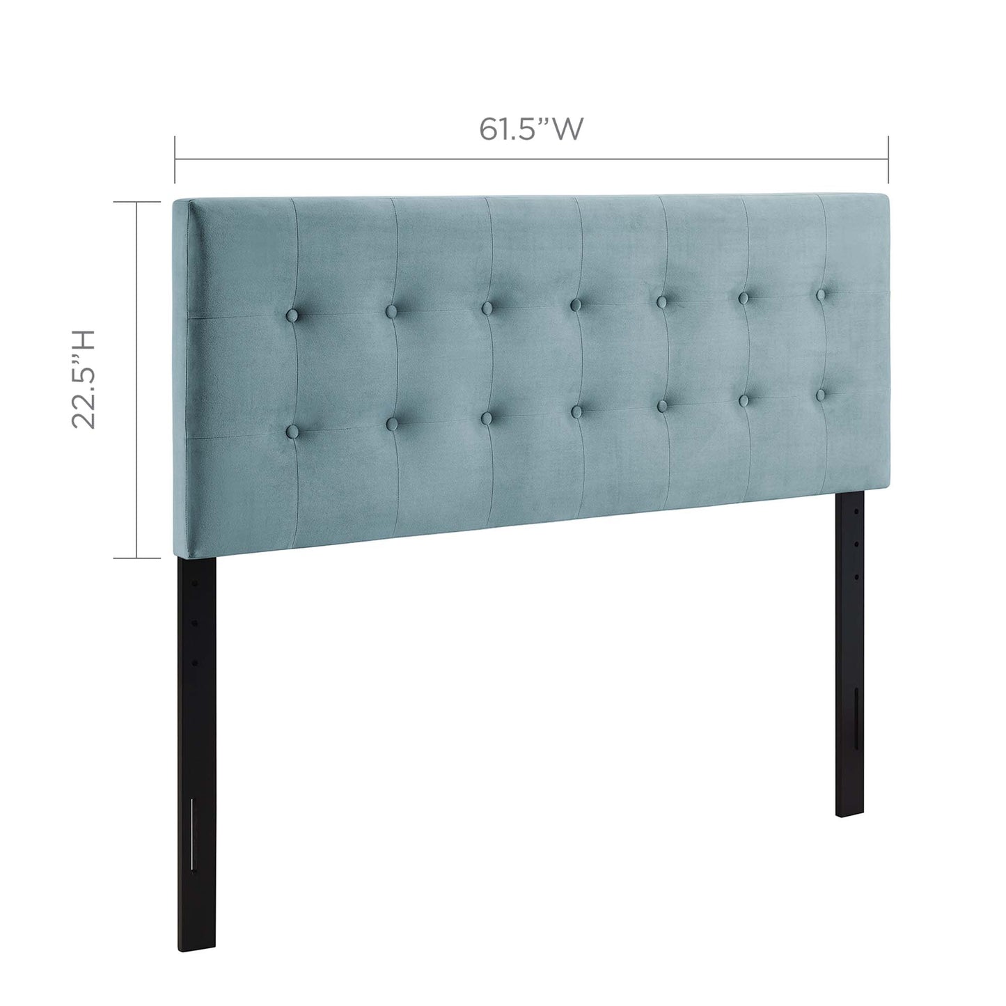 Light blue tufted upholstered headboard with button accents, freestanding black legs, 61.5 inches wide by 22.5 inches high.