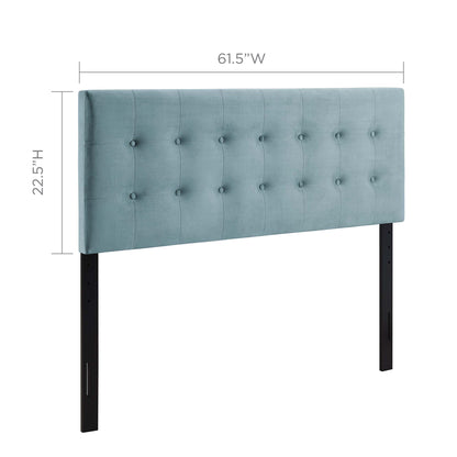 Light blue tufted upholstered headboard with button accents, freestanding black legs, 61.5 inches wide by 22.5 inches high.